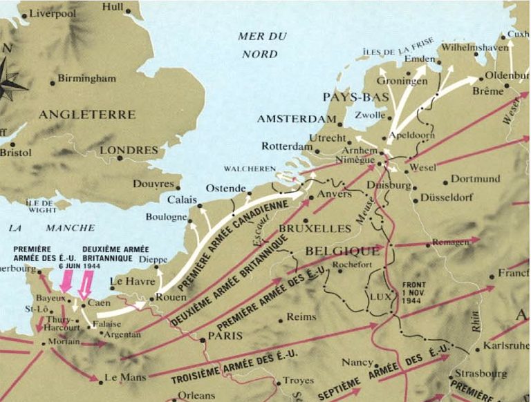 Carte de France représentant les voies empruntées par la première armée canadienne lord de la seconde guerre mondiale.