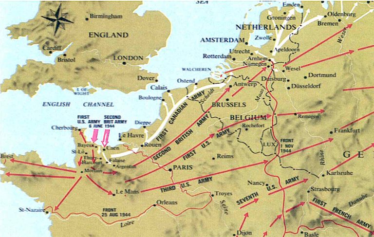 Carte de France représentant les voies empruntées par la première armée canadienne lord de la seconde guerre mondiale. texte en anglais